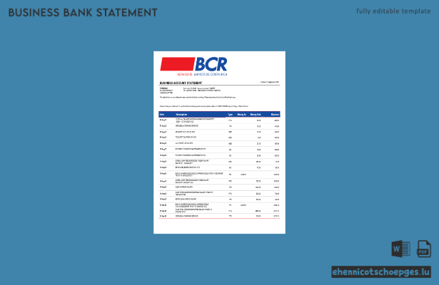 Kontoauszug der Bank von Costa Rica (Word- und PDF-Format, Beispielvorschau)